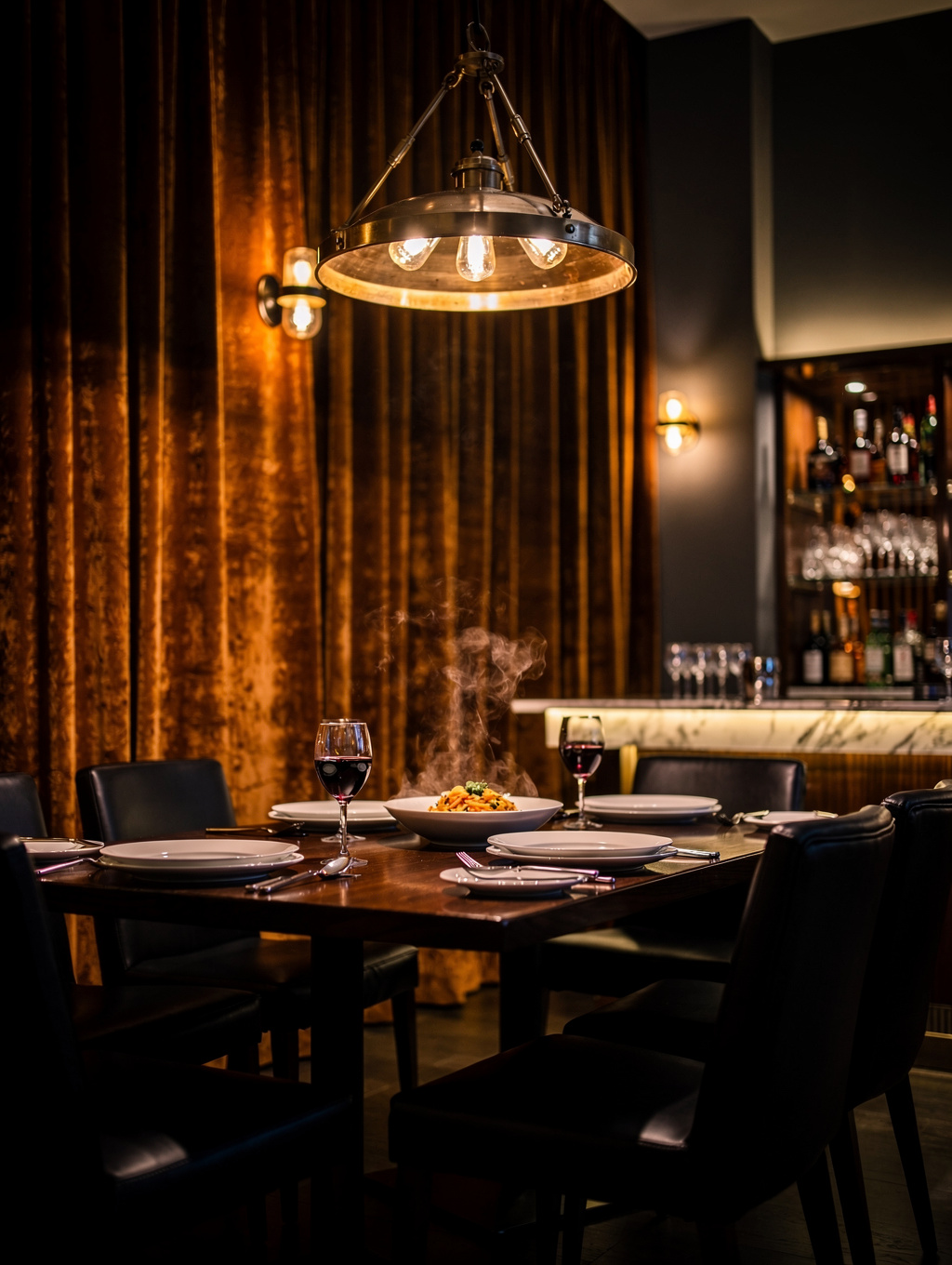 Candlelit dining table at MANGIA with wine glasses and handcrafted pasta