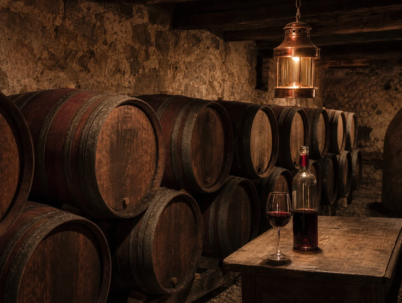 Aged oak wine barrels resting in cellar with vintage bottles