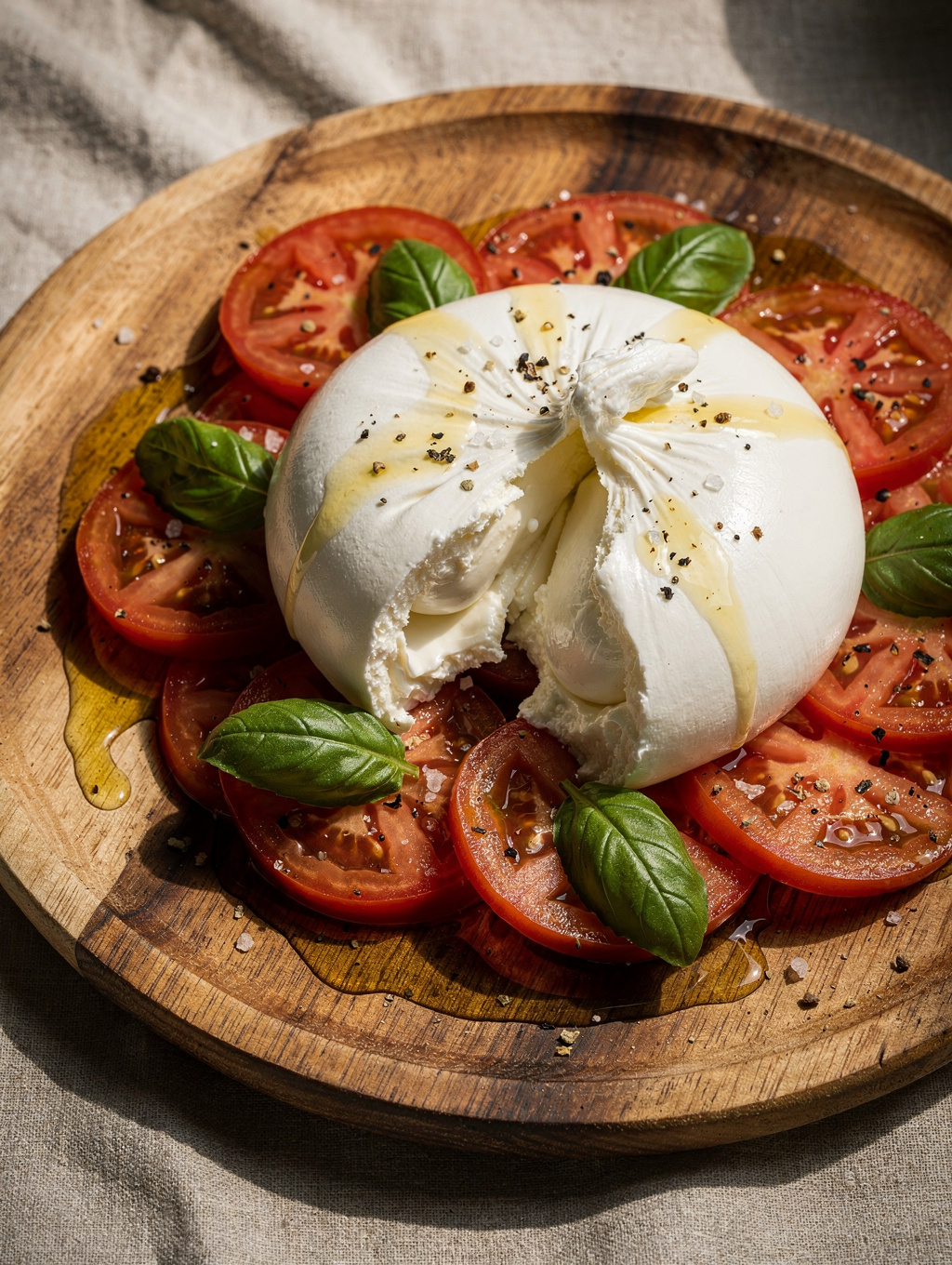 Plated fresh burrata cheese with heirloom tomatoes and basil