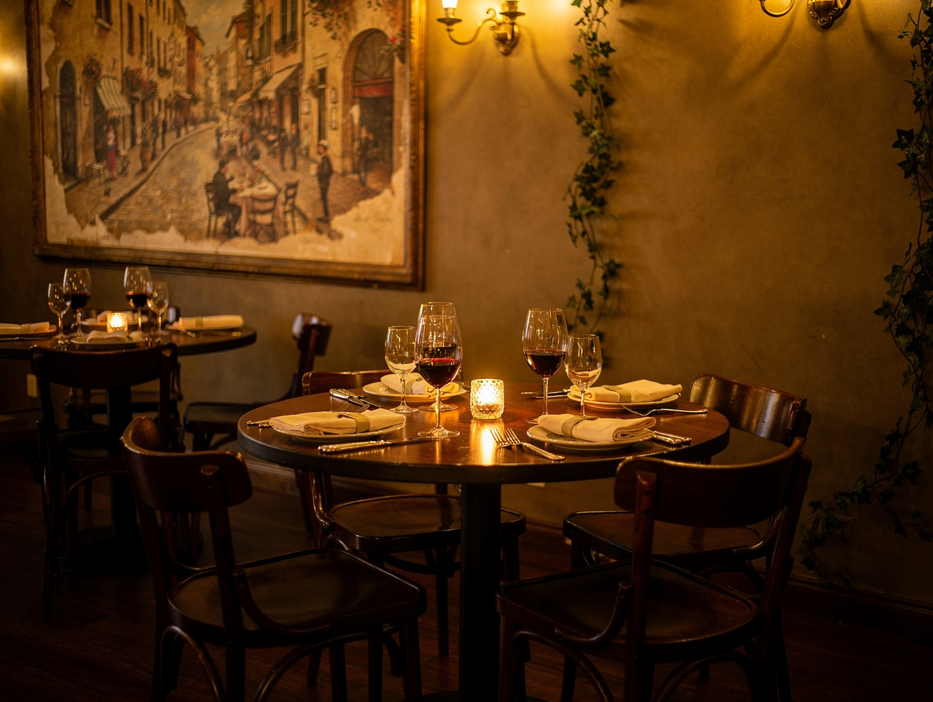 Warm candlelit interior dining tables at MANGIA Italian restaurant