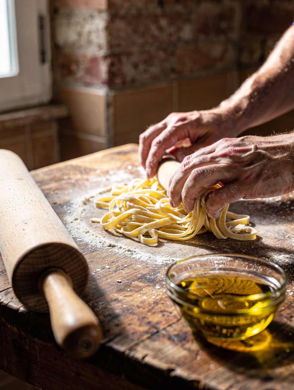 Chef rolling out fresh handmade tagliatelle pasta