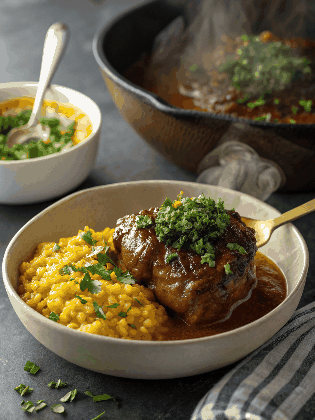 Masterfully plated Ossobuco on saffron risotto