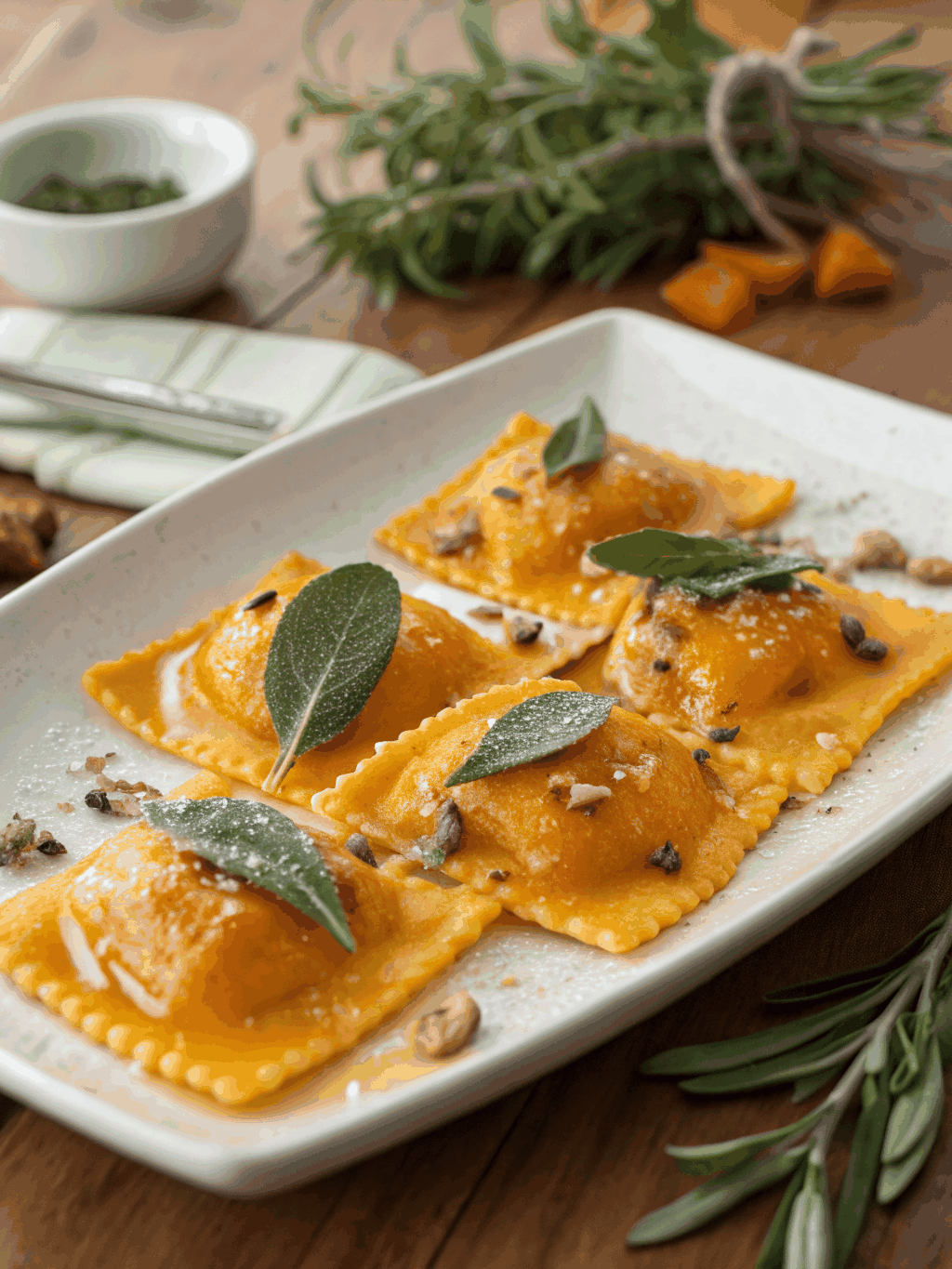Handcrafted tortelli pasta arranged on a wooden kitchen board