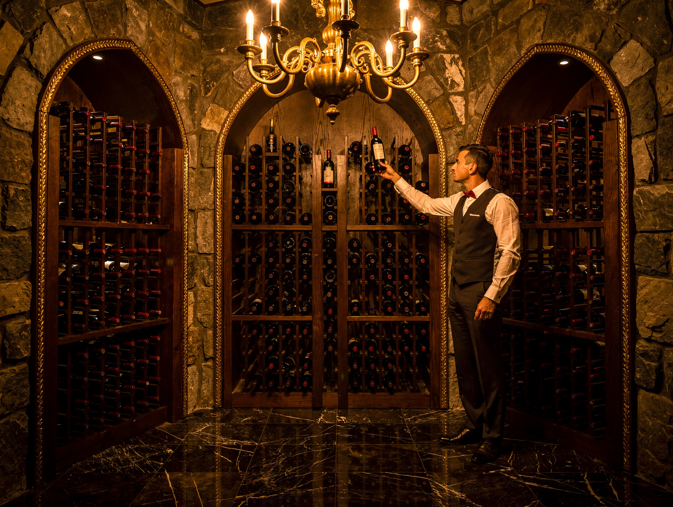 Sommelier pouring artisanal Italian red wine into crystal glass